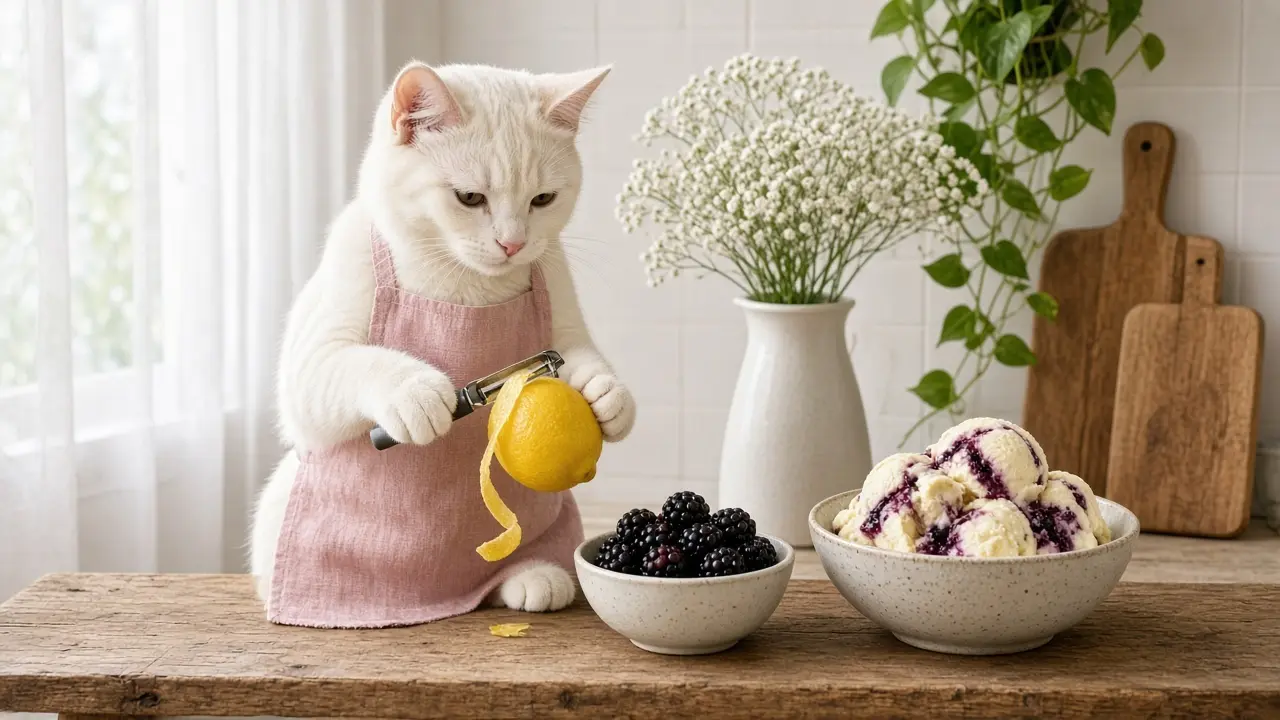 A cream-coloured cat in a pink apron, cooking this dish