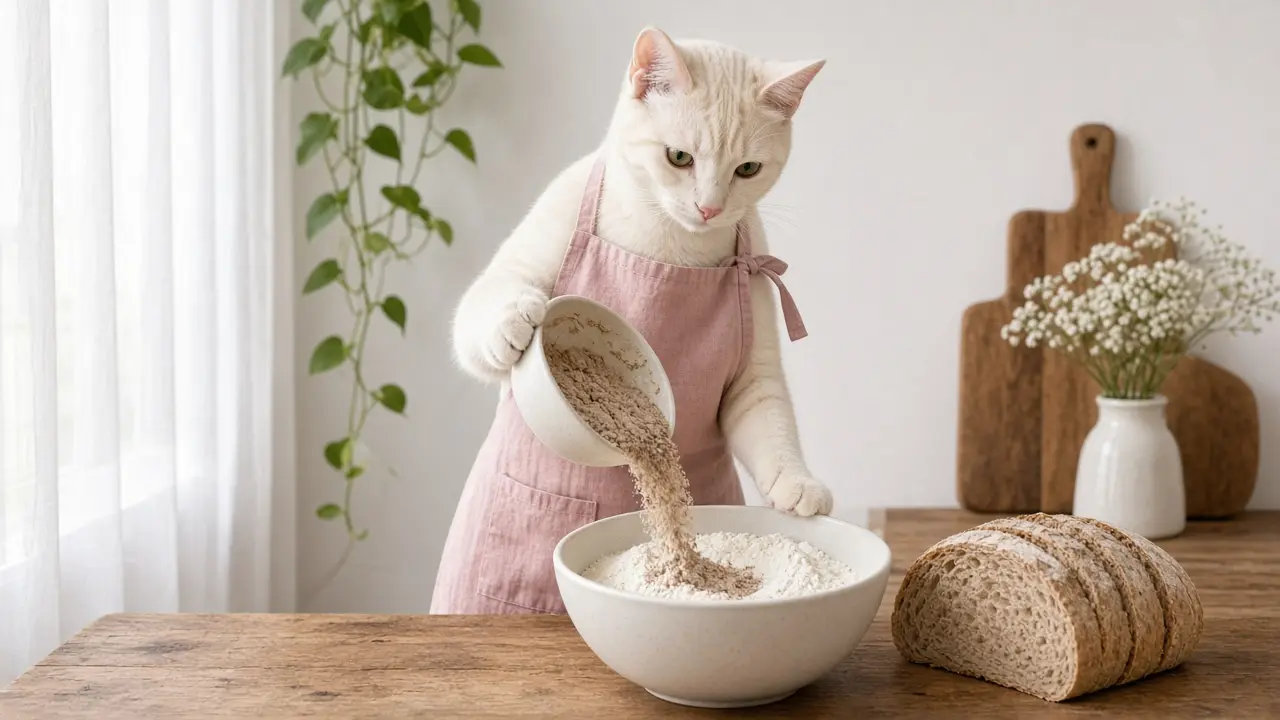 A cream-coloured cat in a pink apron, cooking this dish