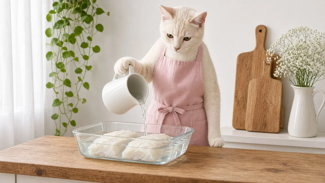 A cream-coloured cat in a pink apron, cooking this dish