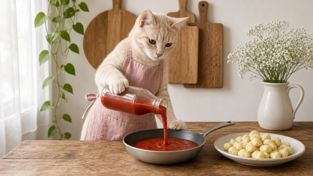 A cream-coloured cat in a pink apron, cooking this dish