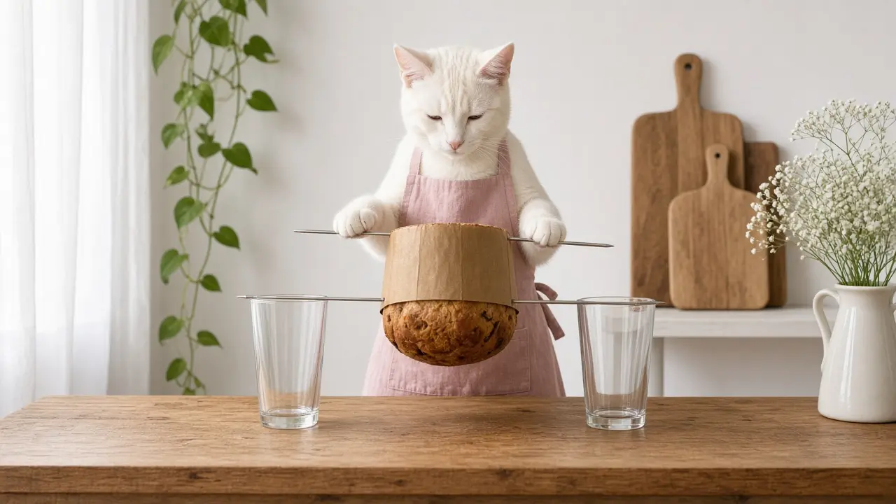 A cream-coloured cat in a pink apron, cooking this dish