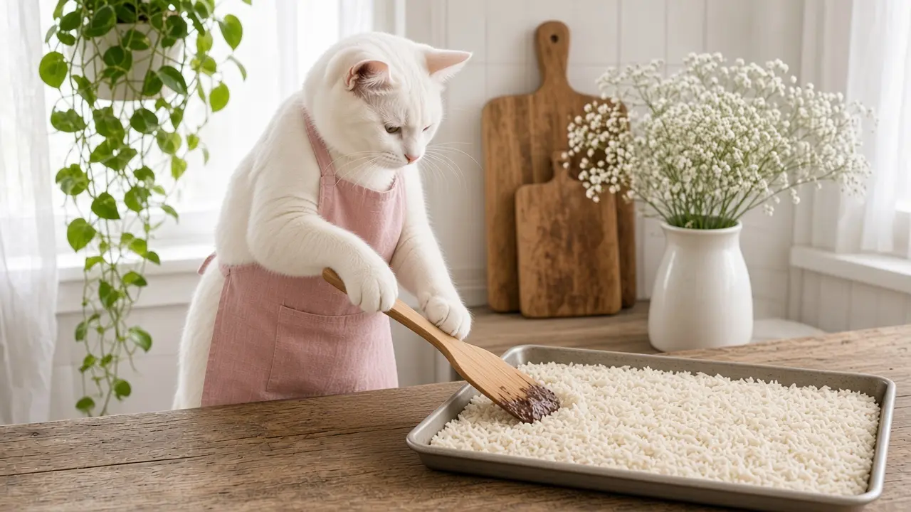 A cream-coloured cat in a pink apron, cooking this dish