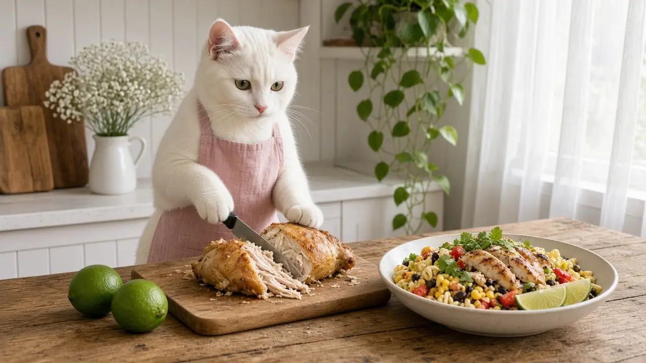 A cream-coloured cat in a pink apron, cooking this dish
