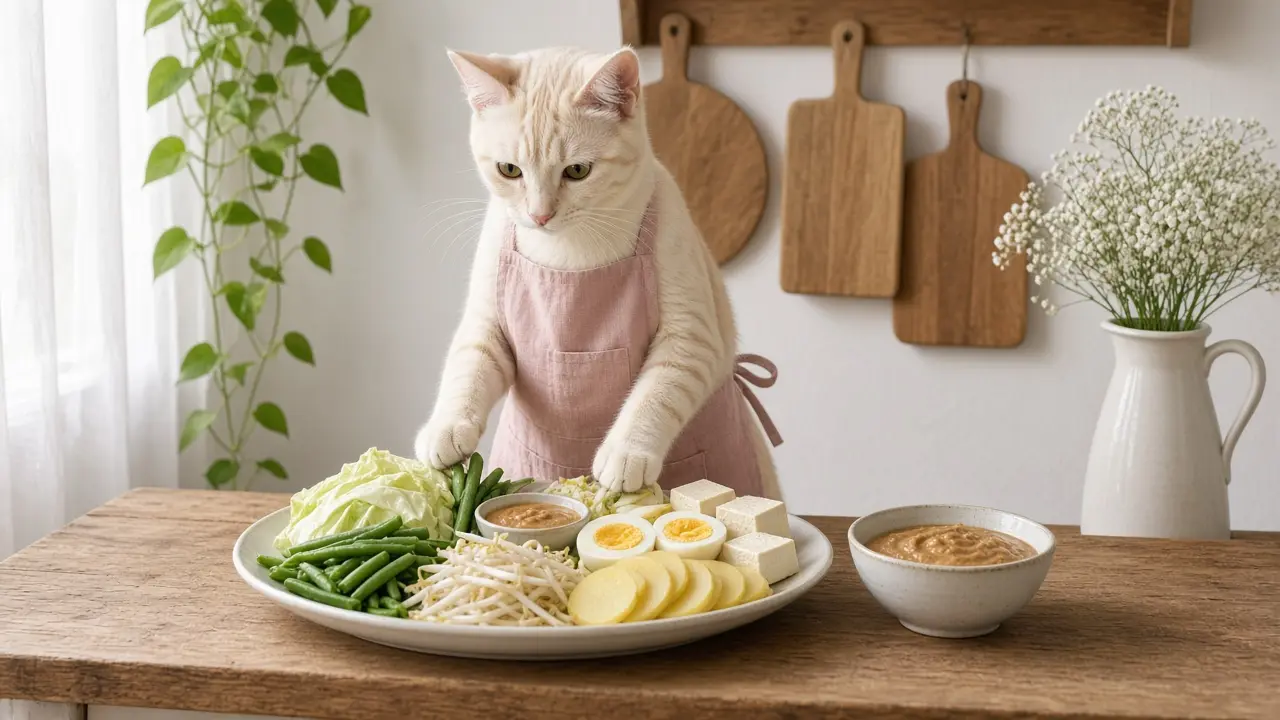 A cream-coloured cat in a pink apron, cooking this dish
