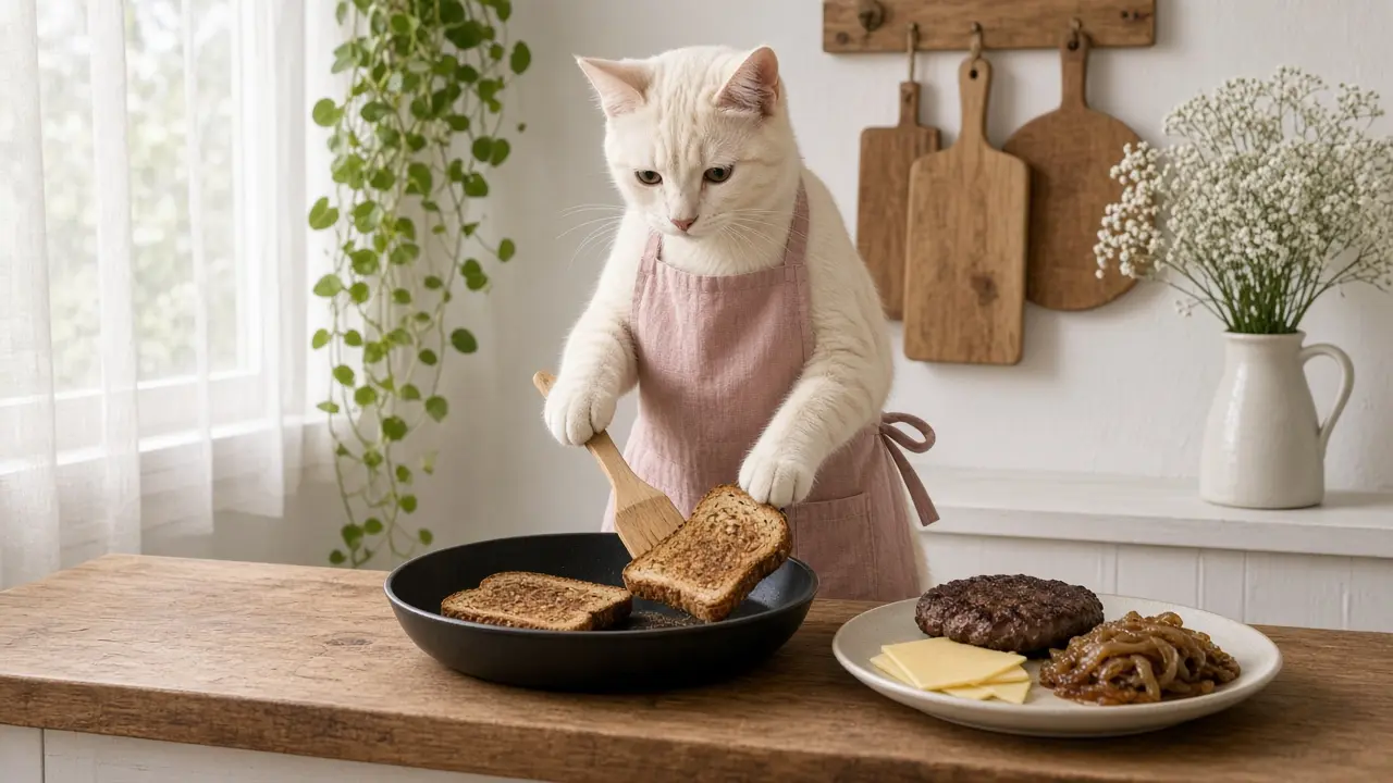 A cream-coloured cat in a pink apron, cooking this dish