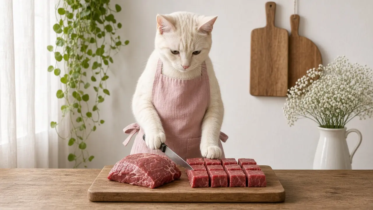 A cream-coloured cat in a pink apron, cooking this dish