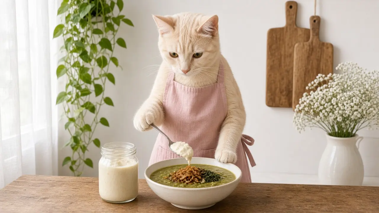 A cream-coloured cat in a pink apron, cooking this dish