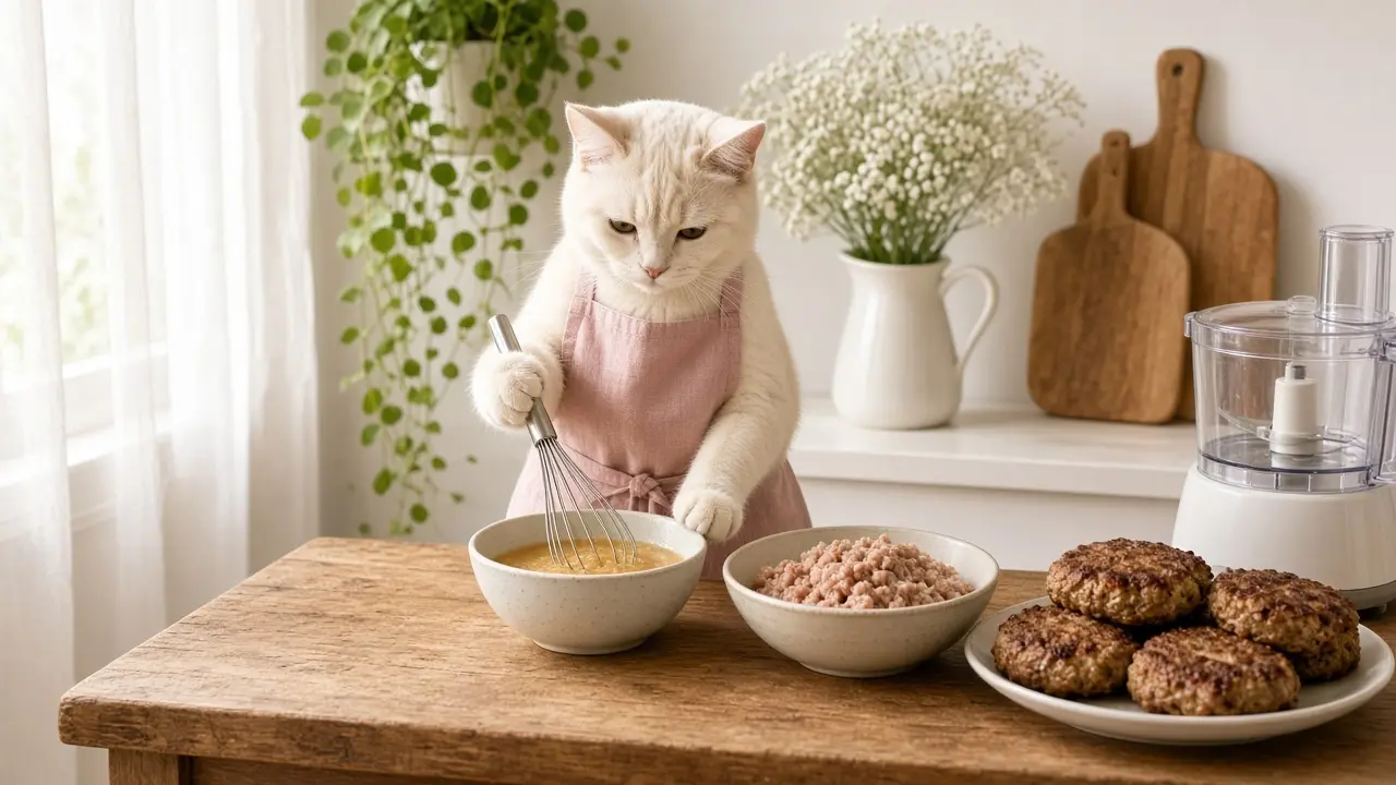 A cream-coloured cat in a pink apron, cooking this dish