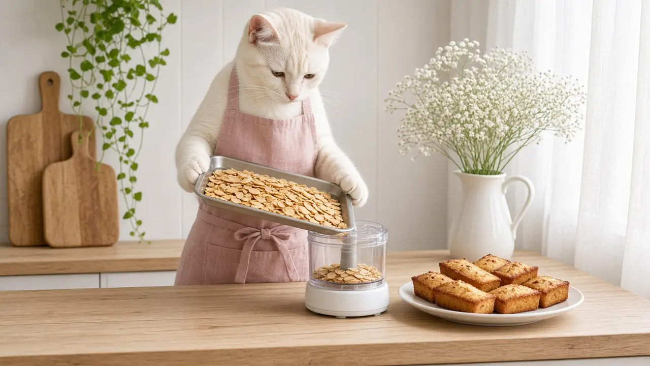 A cream-coloured cat in a pink apron, cooking this dish