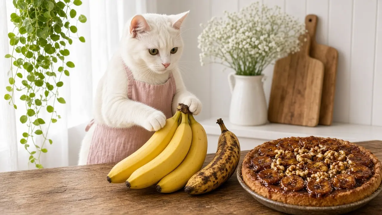 A cream-coloured cat in a pink apron, cooking this dish