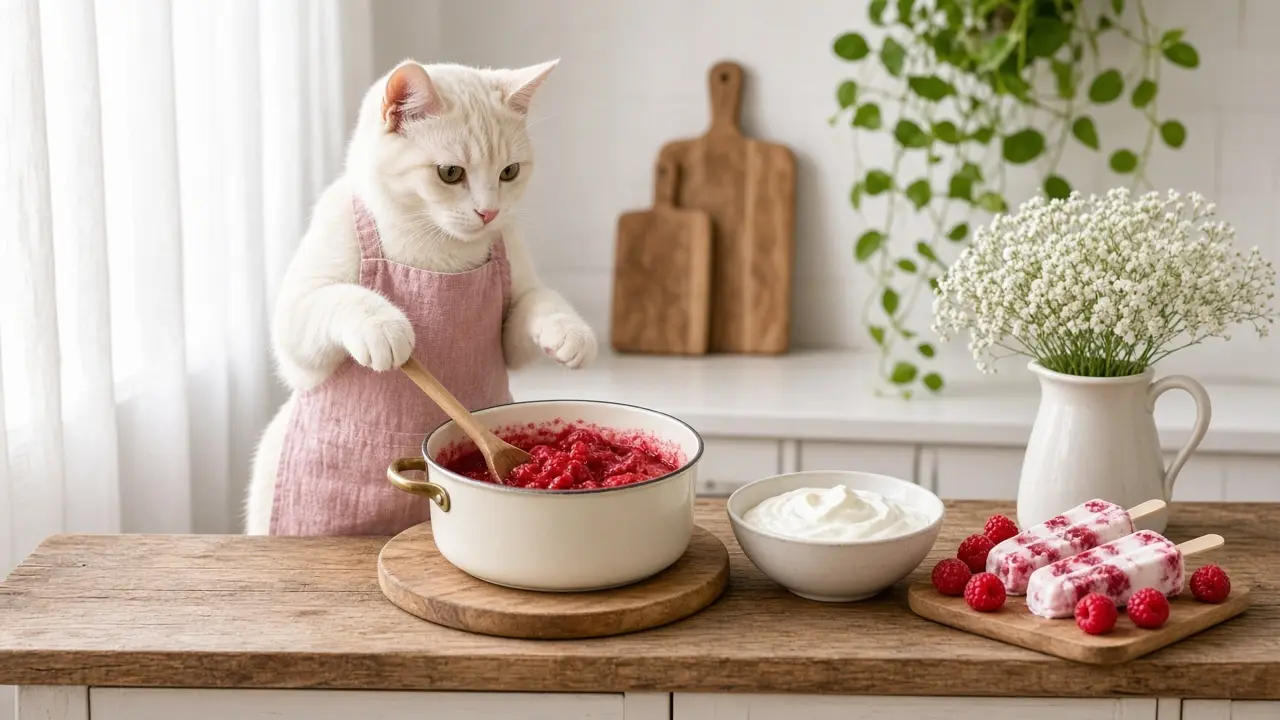 A cream-coloured cat in a pink apron, cooking this dish