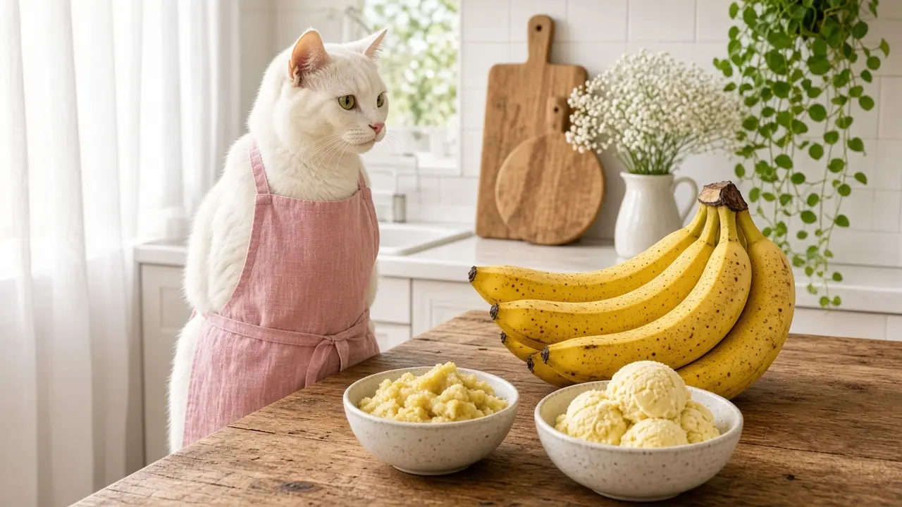 A cream-coloured cat in a pink apron, cooking this dish