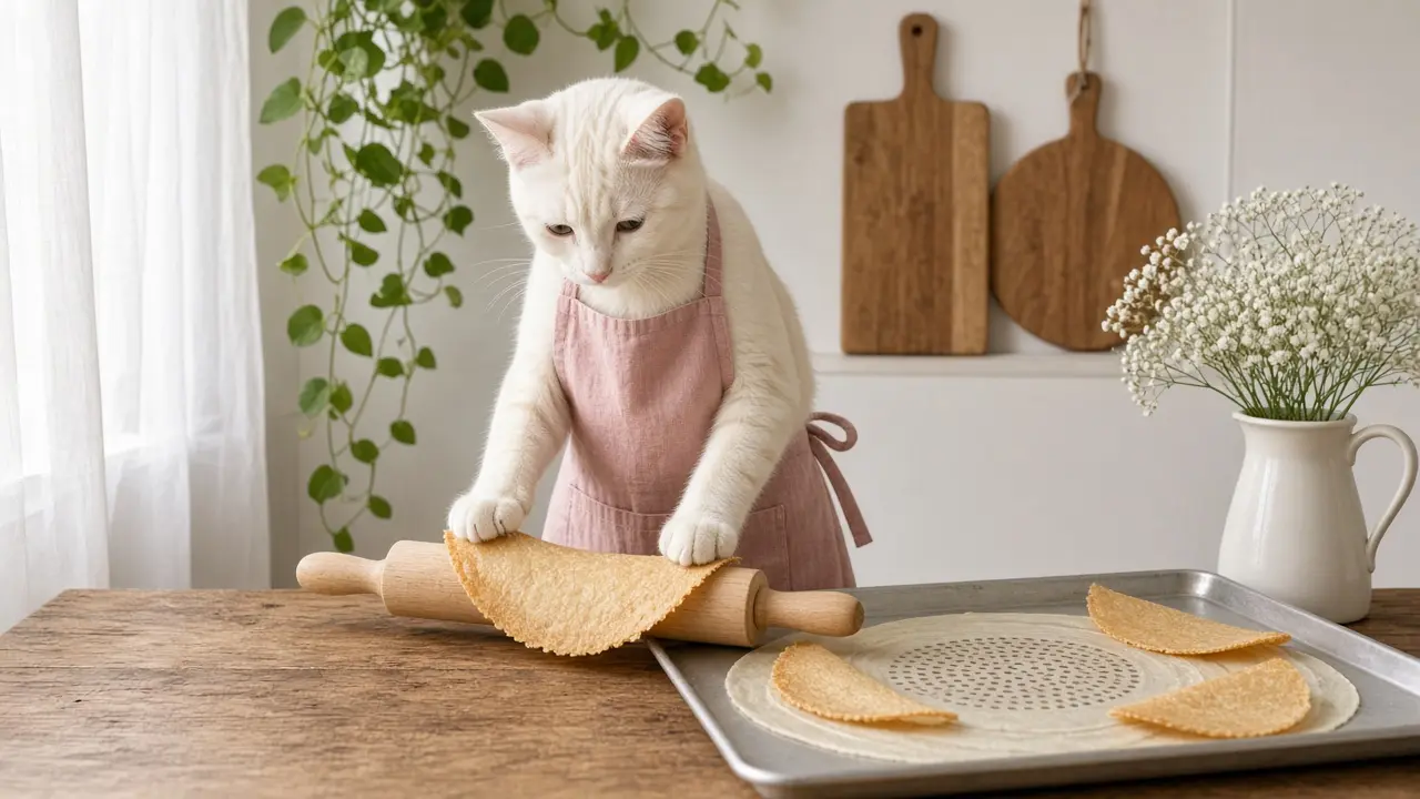 A cream-coloured cat in a pink apron, cooking this dish