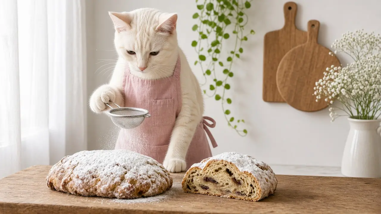 A cream-coloured cat in a pink apron, cooking this dish