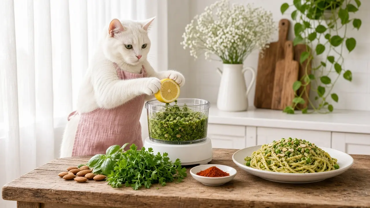A cream-coloured cat in a pink apron, cooking this dish