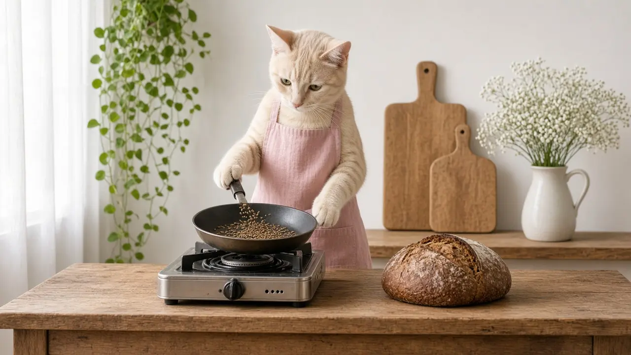 A cream-coloured cat in a pink apron, cooking this dish