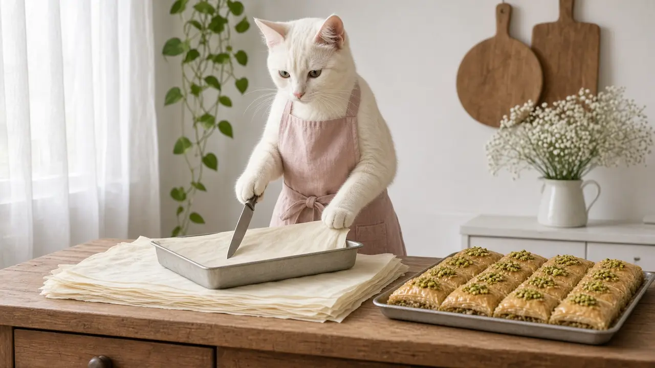 A cream-coloured cat in a pink apron, cooking this dish