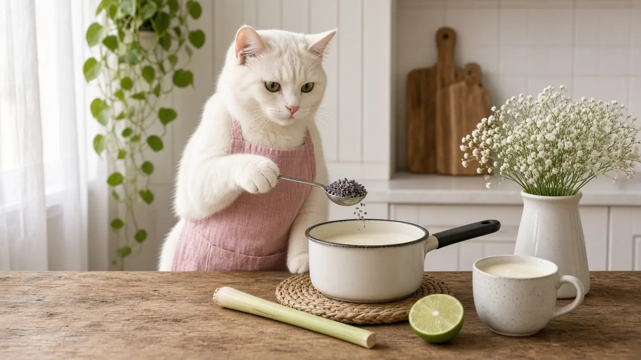 A cream-coloured cat in a pink apron, cooking this dish