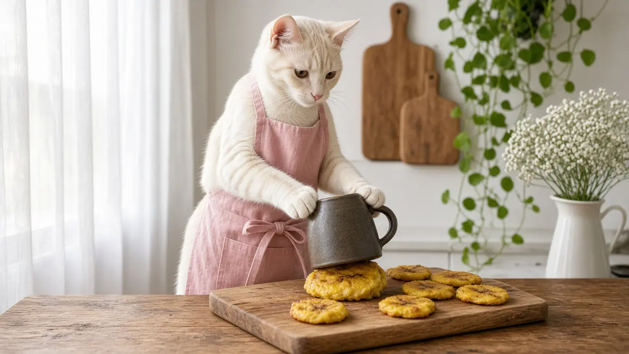 A cream-coloured cat in a pink apron, cooking this dish