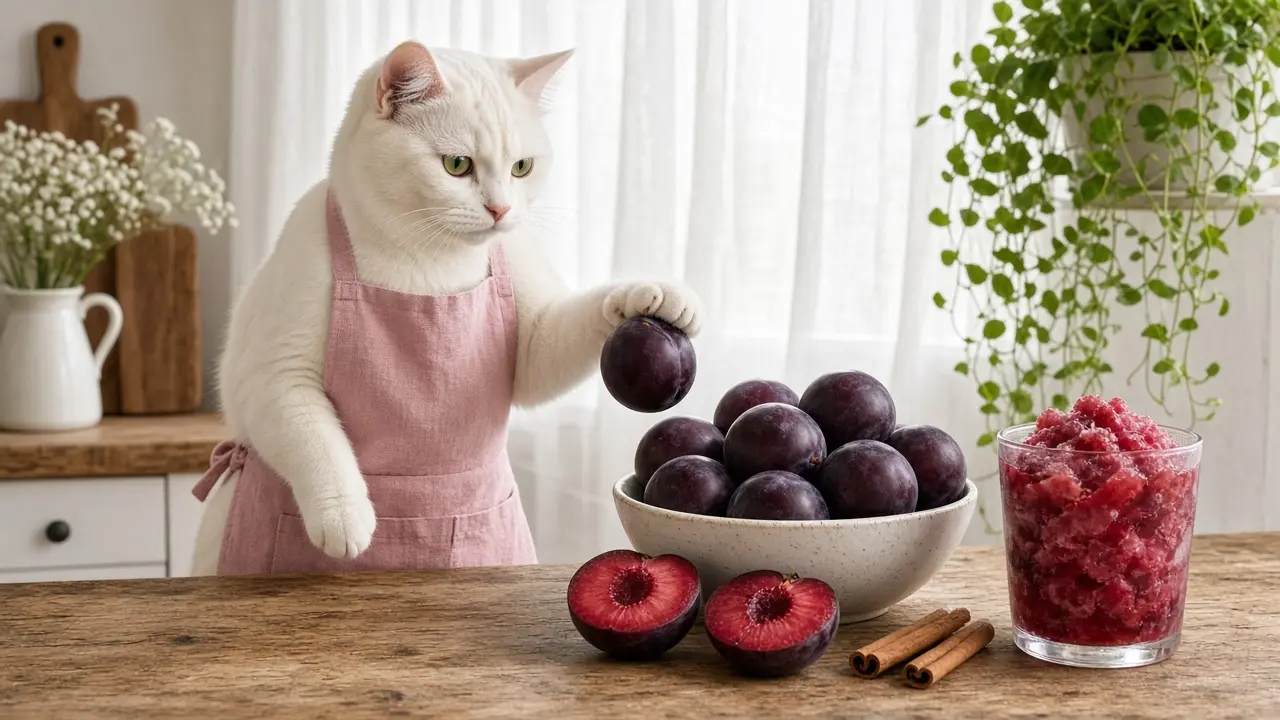 A cream-coloured cat in a pink apron, cooking this dish
