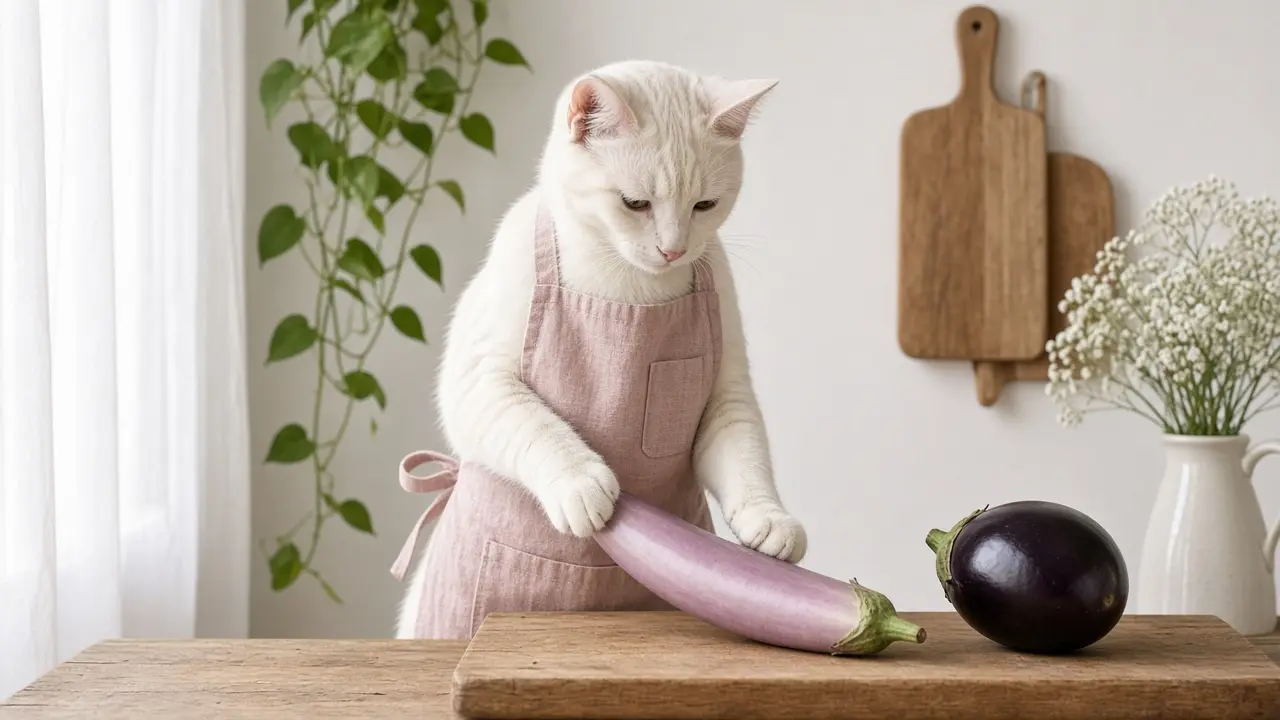 A cream-coloured cat in a pink apron, cooking this dish