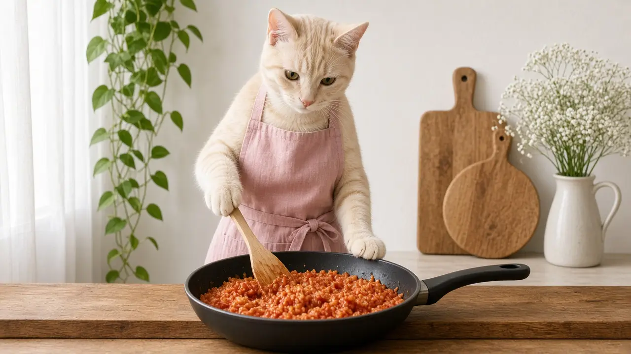 A cream-coloured cat in a pink apron, cooking this dish
