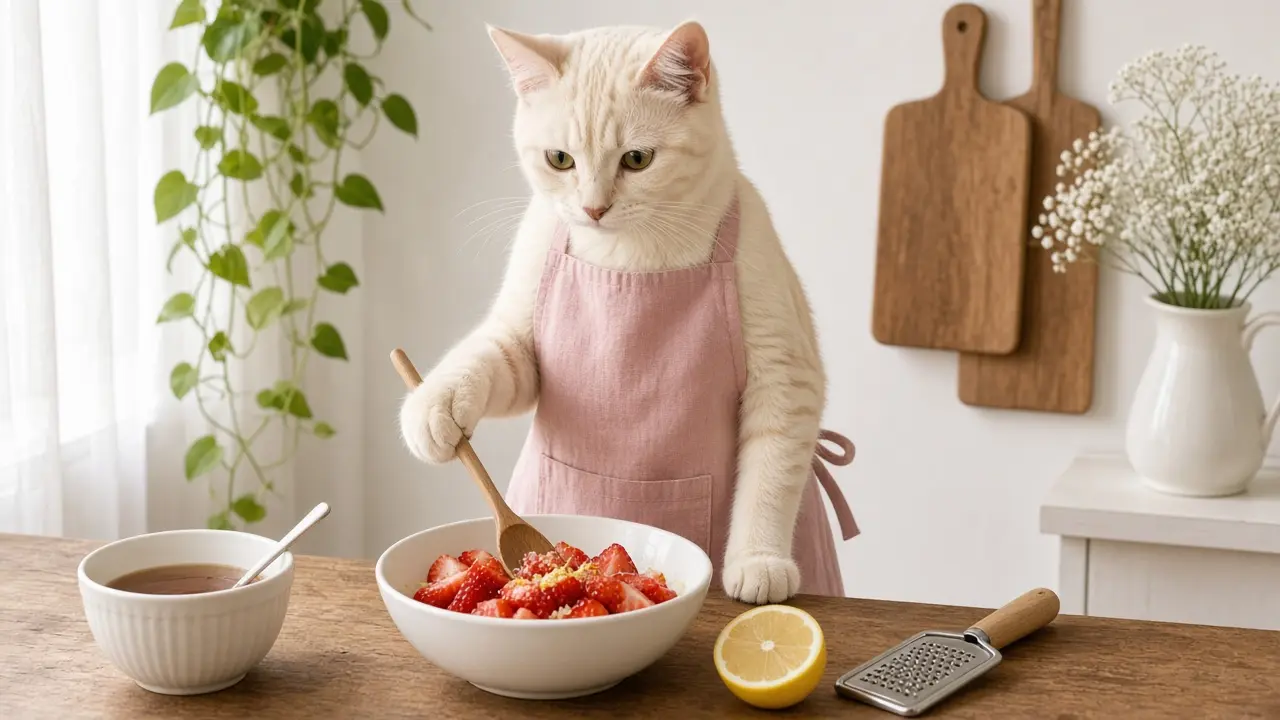 A cream-coloured cat in a pink apron, cooking this dish