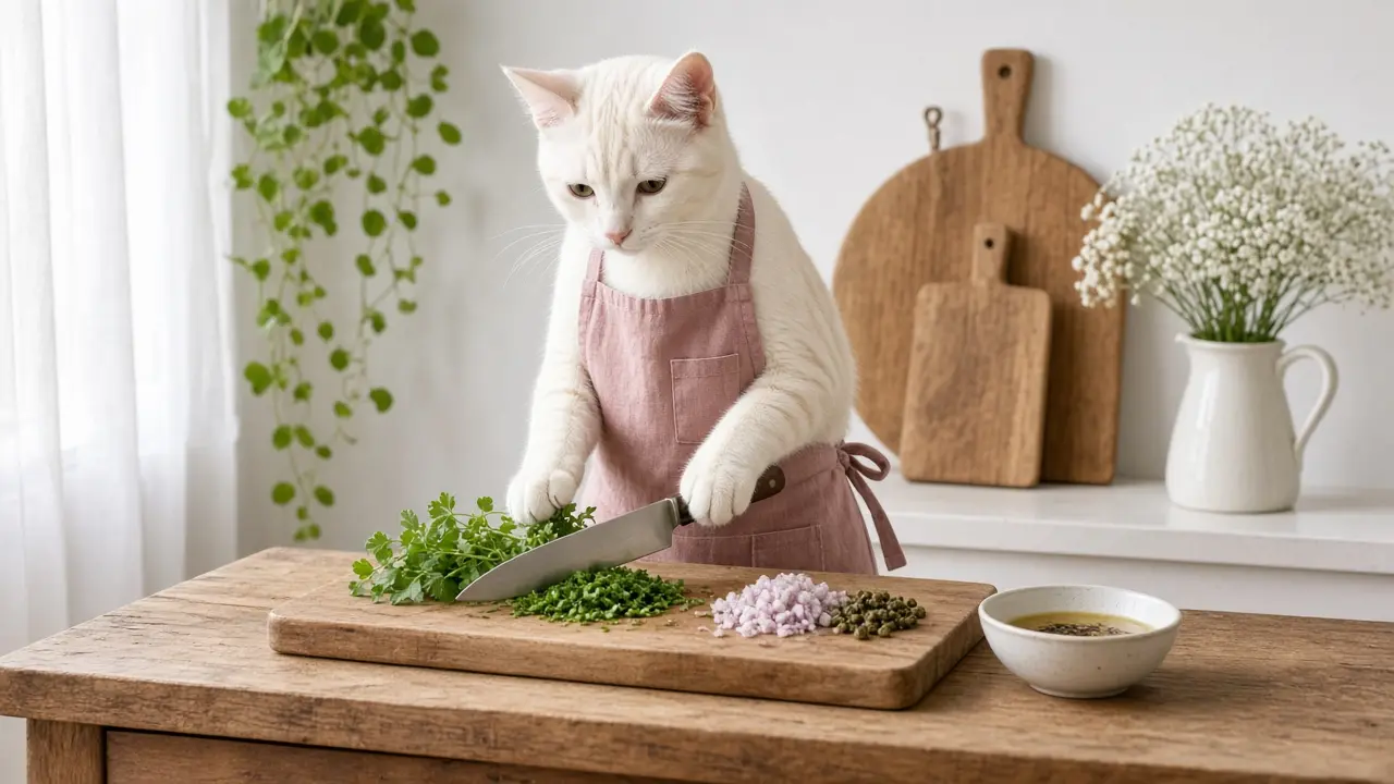 A cream-coloured cat in a pink apron, cooking this dish