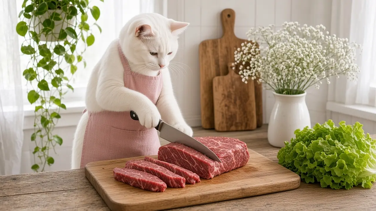 A cream-coloured cat in a pink apron, cooking this dish