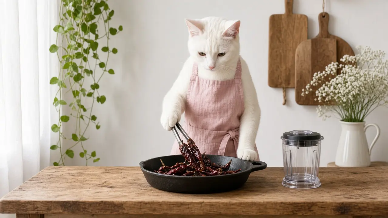 A cream-coloured cat in a pink apron, cooking this dish