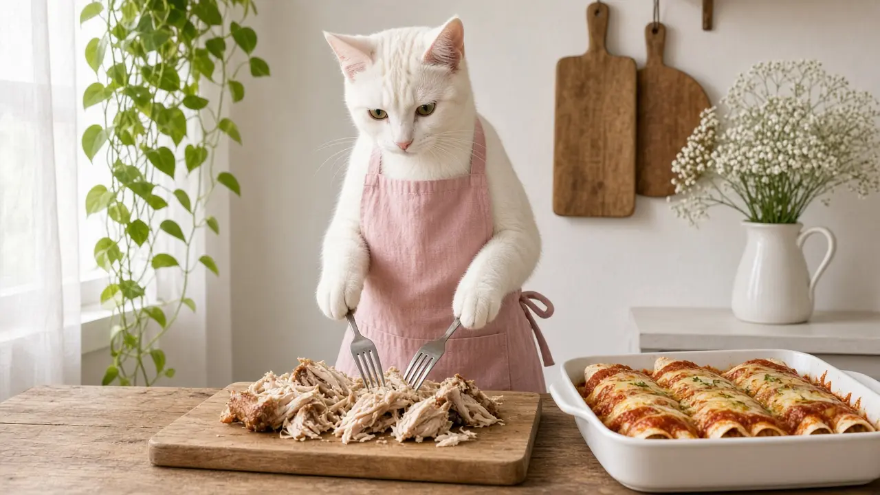 A cream-coloured cat in a pink apron, cooking this dish