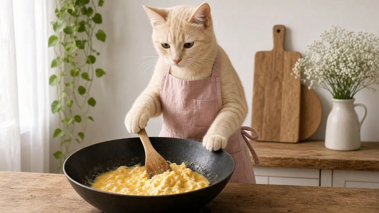 A cream-coloured cat in a pink apron, cooking this dish