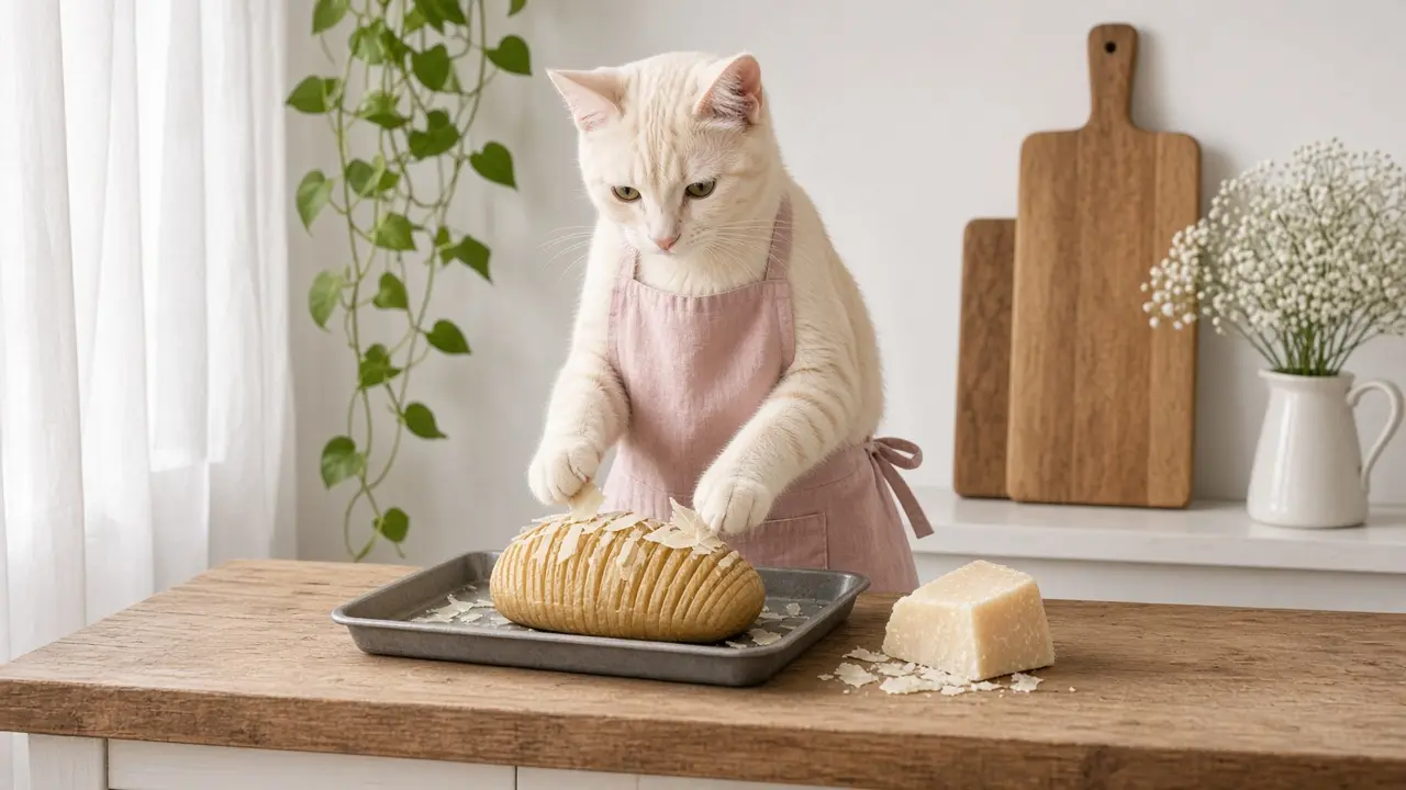 A cream-coloured cat in a pink apron, cooking this dish