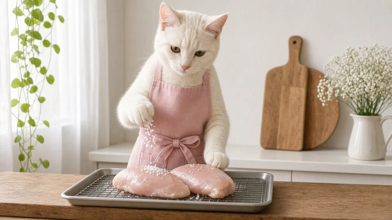 A cream-coloured cat in a pink apron, cooking this dish