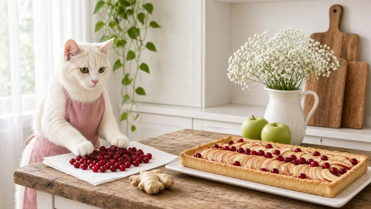 A cream-coloured cat in a pink apron, cooking this dish