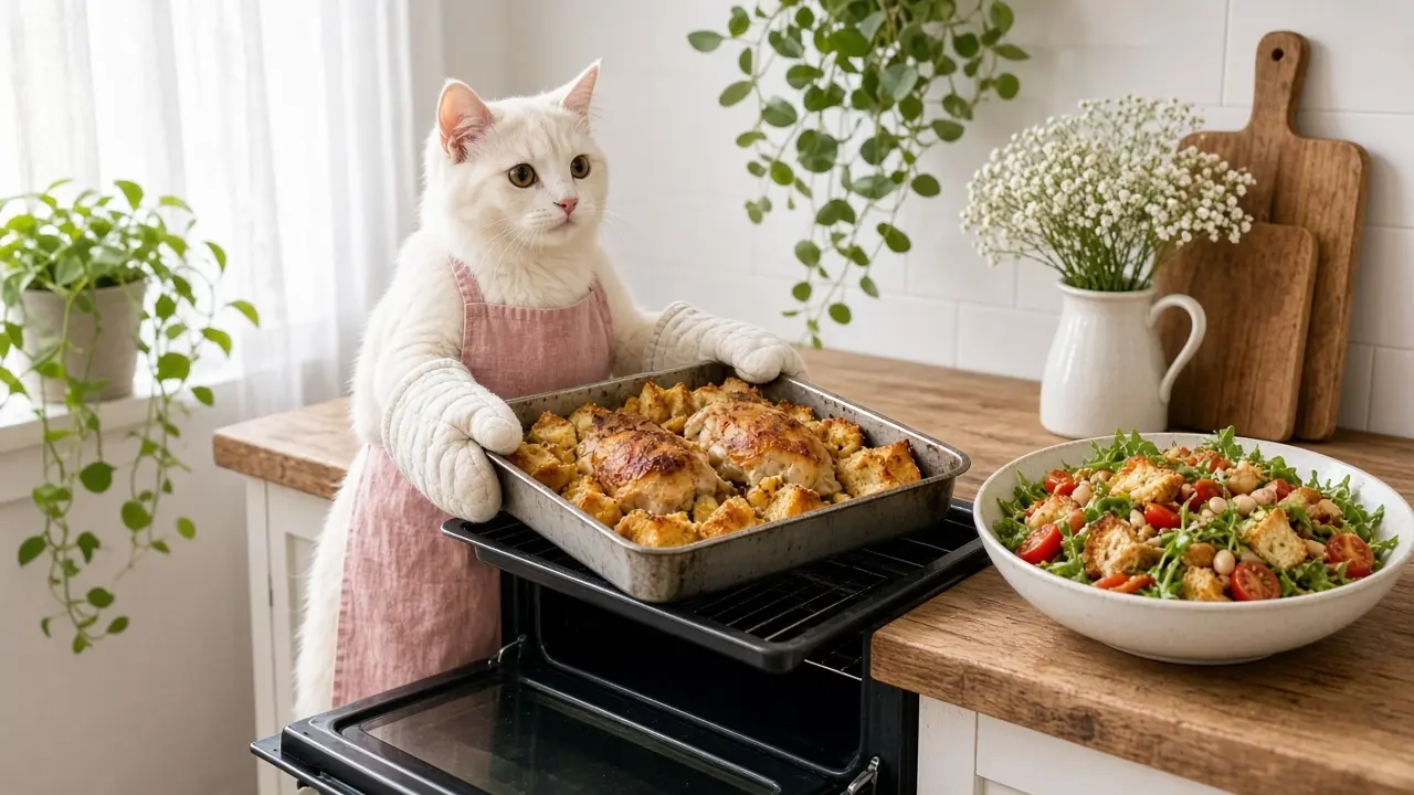 A cream-coloured cat in a pink apron, cooking this dish
