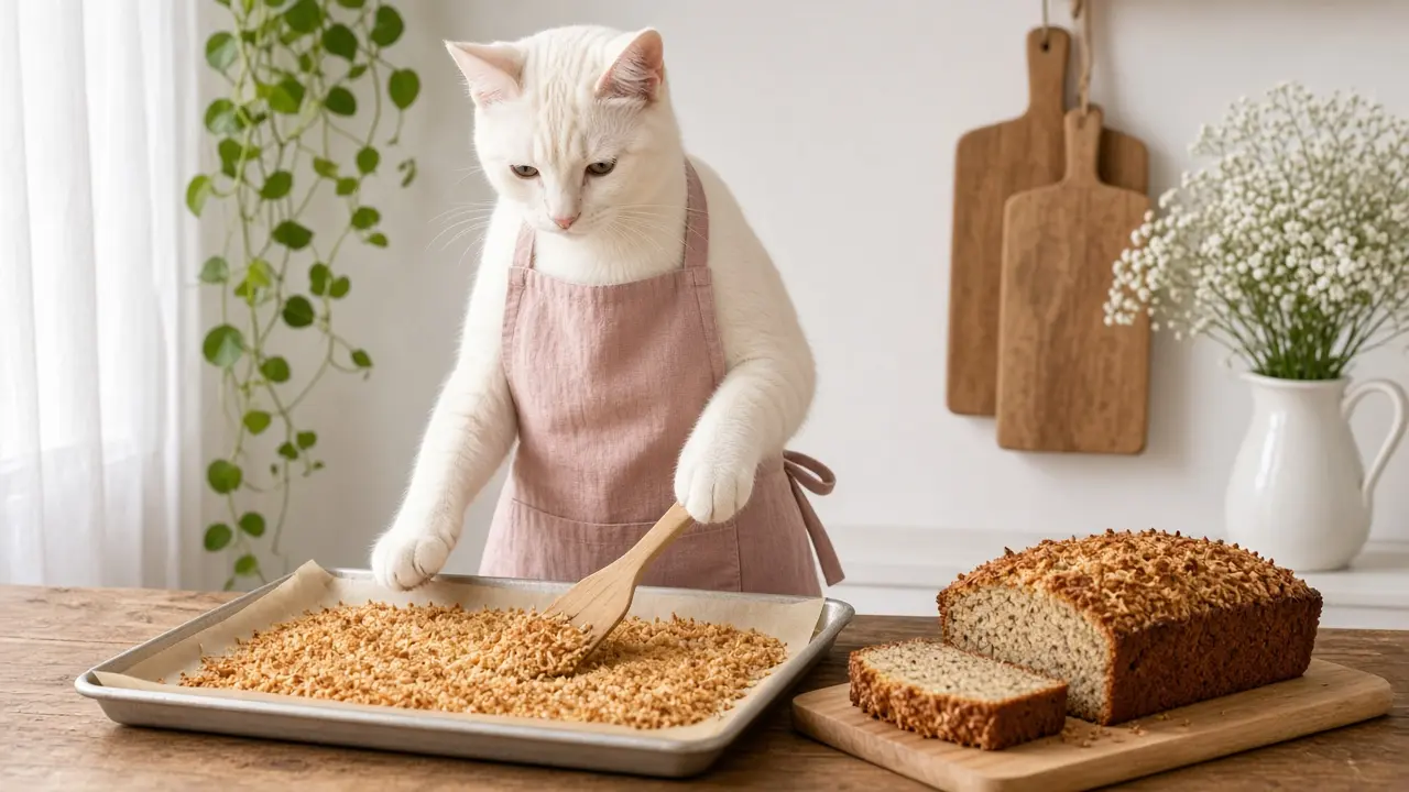 A cream-coloured cat in a pink apron, cooking this dish