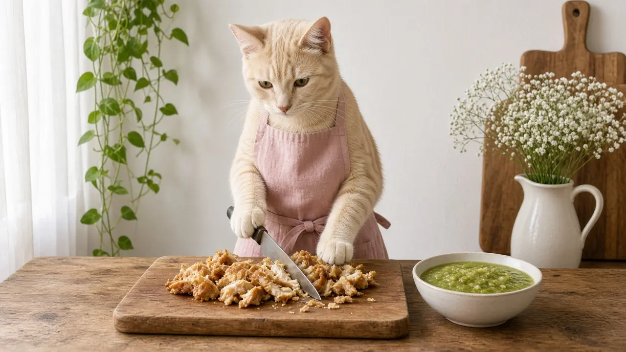 A cream-coloured cat in a pink apron, cooking this dish
