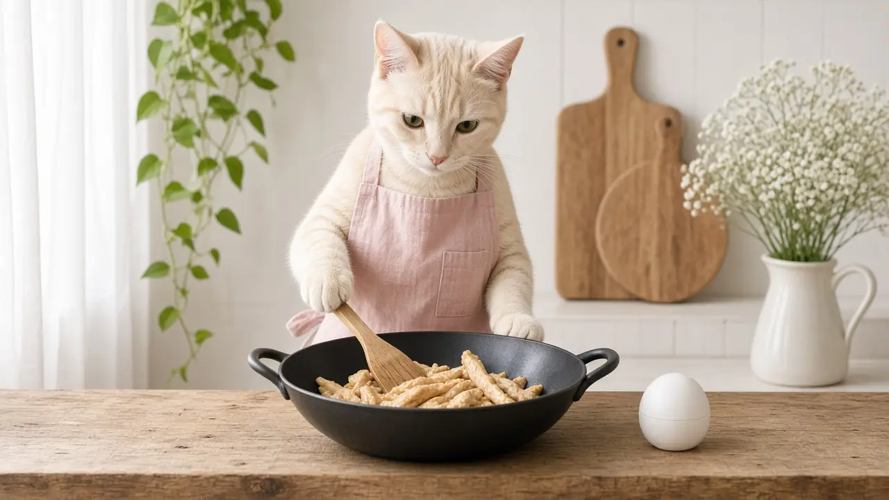 A cream-coloured cat in a pink apron, cooking this dish