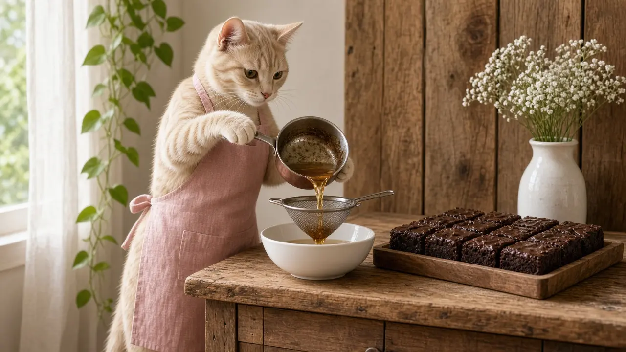 A cream-coloured cat in a pink apron, cooking this dish