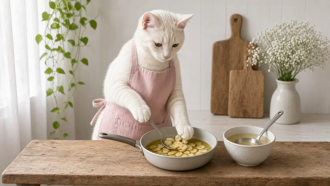 A cream-coloured cat in a pink apron, cooking this dish
