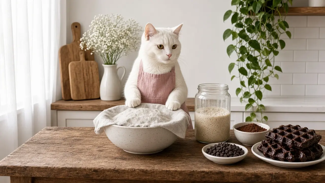 A cream-coloured cat in a pink apron, cooking this dish