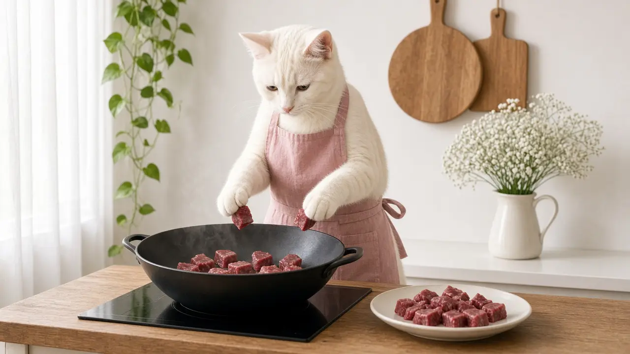A cream-coloured cat in a pink apron, cooking this dish