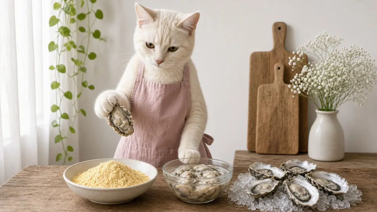 A cream-coloured cat in a pink apron, cooking this dish