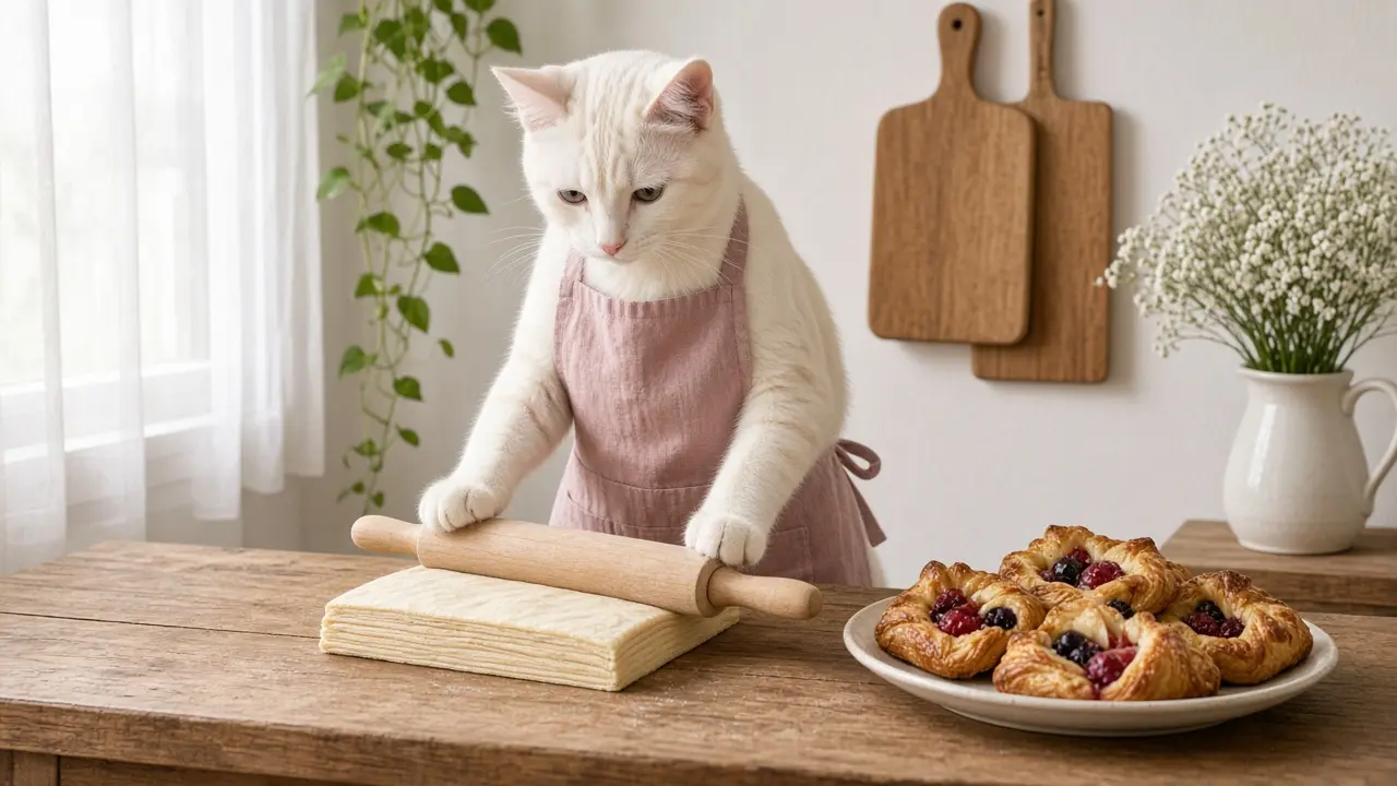 A cream-coloured cat in a pink apron, cooking this dish