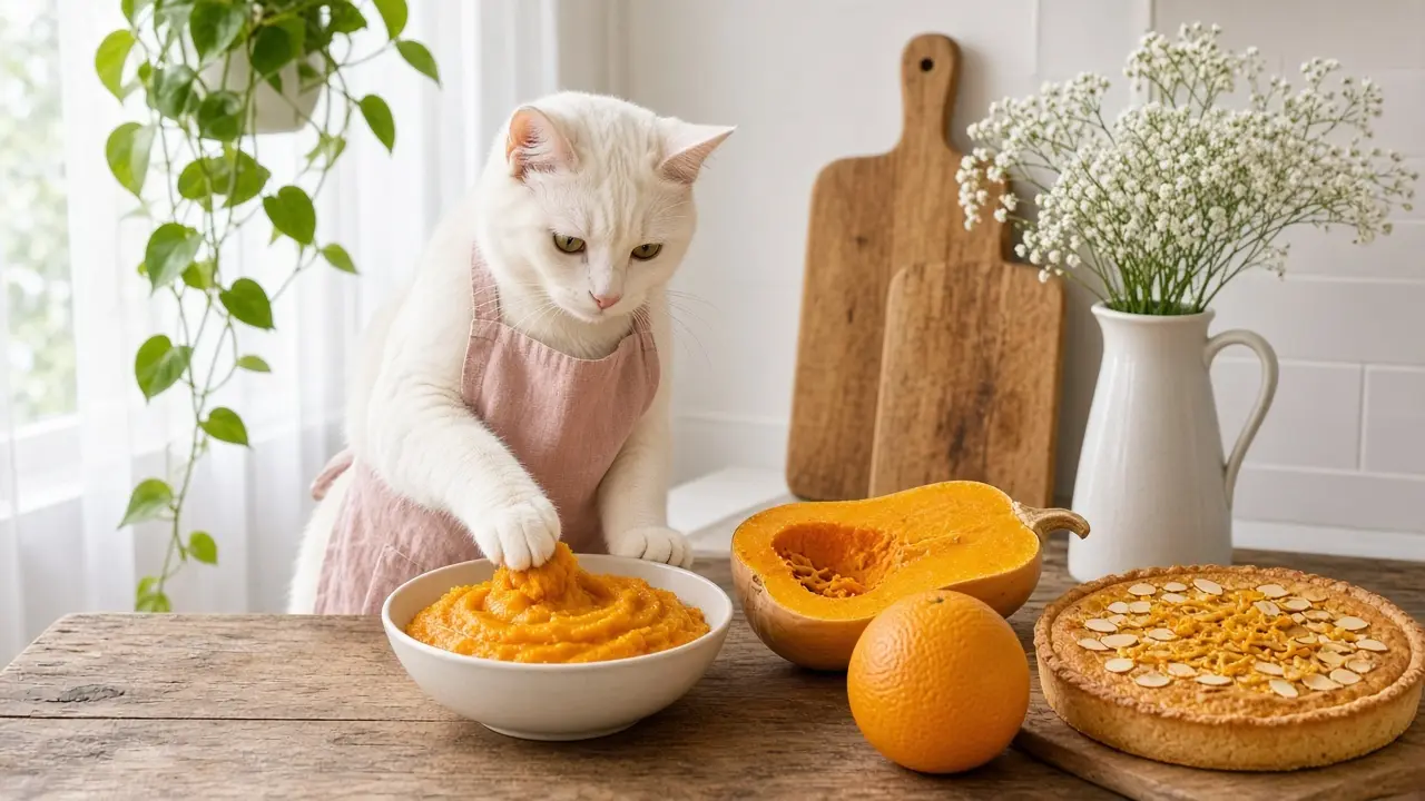 A cream-coloured cat in a pink apron, cooking this dish