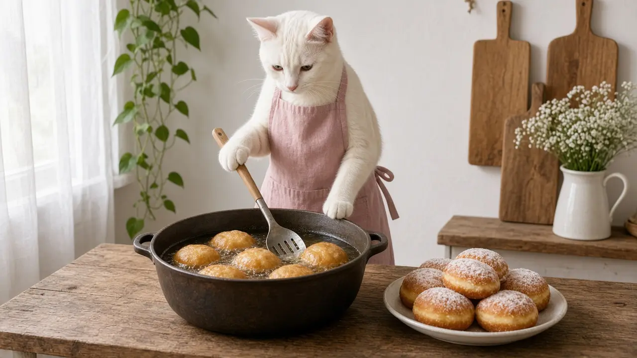A cream-coloured cat in a pink apron, cooking this dish