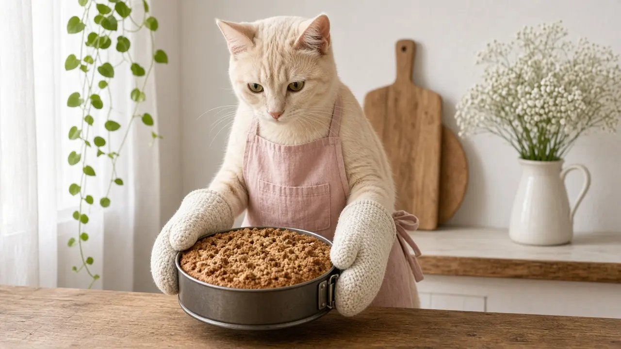 A cream-coloured cat in a pink apron, cooking this dish
