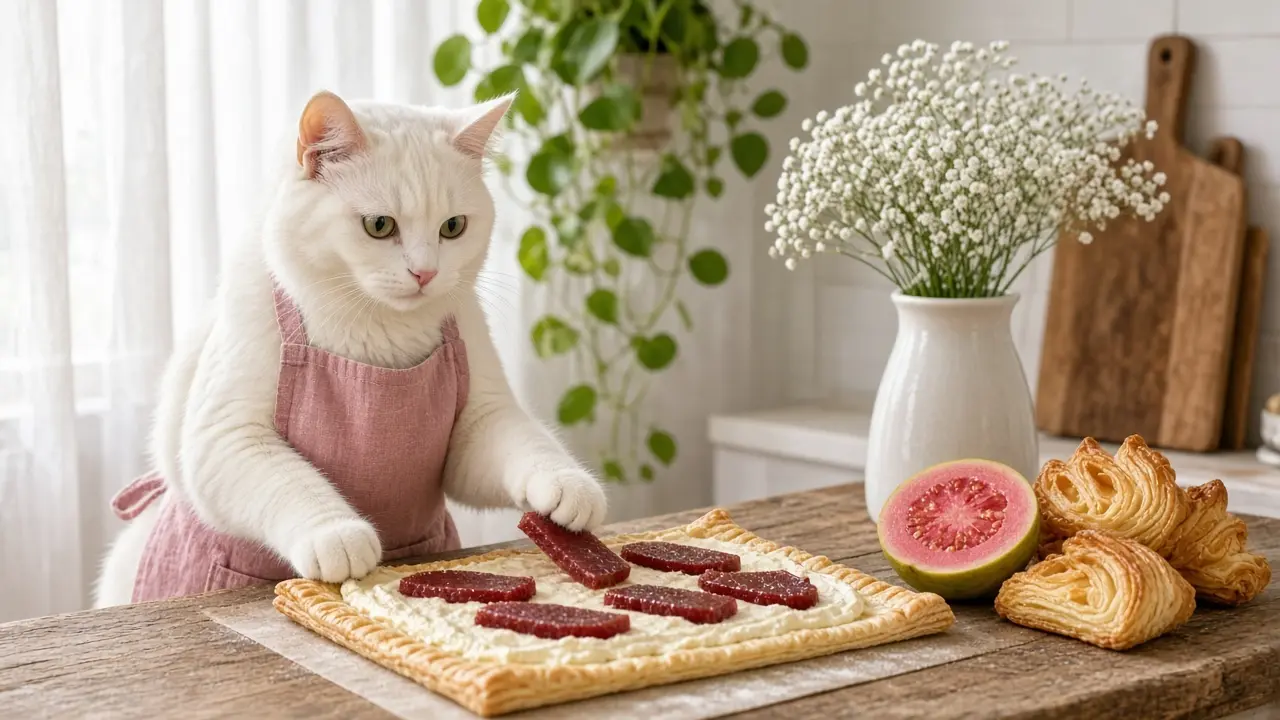 A cream-coloured cat in a pink apron, cooking this dish