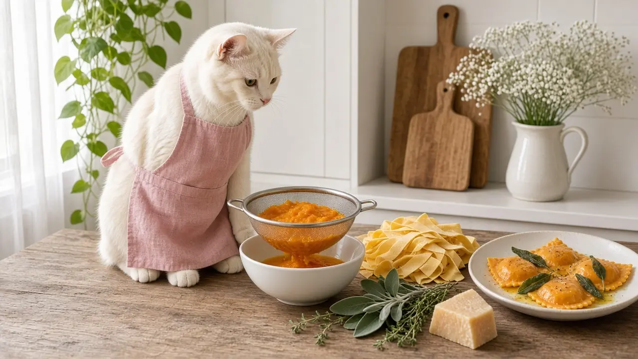 A cream-coloured cat in a pink apron, cooking this dish